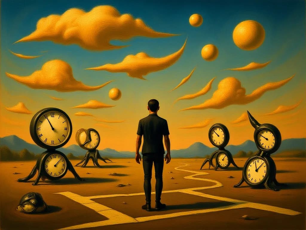 Stylized image of a man in a colorful landscape