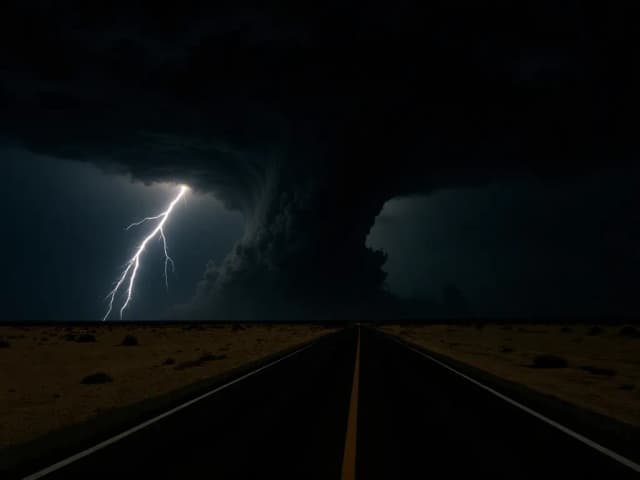 Desert road under stormy sky with lightning, after sky replacement.